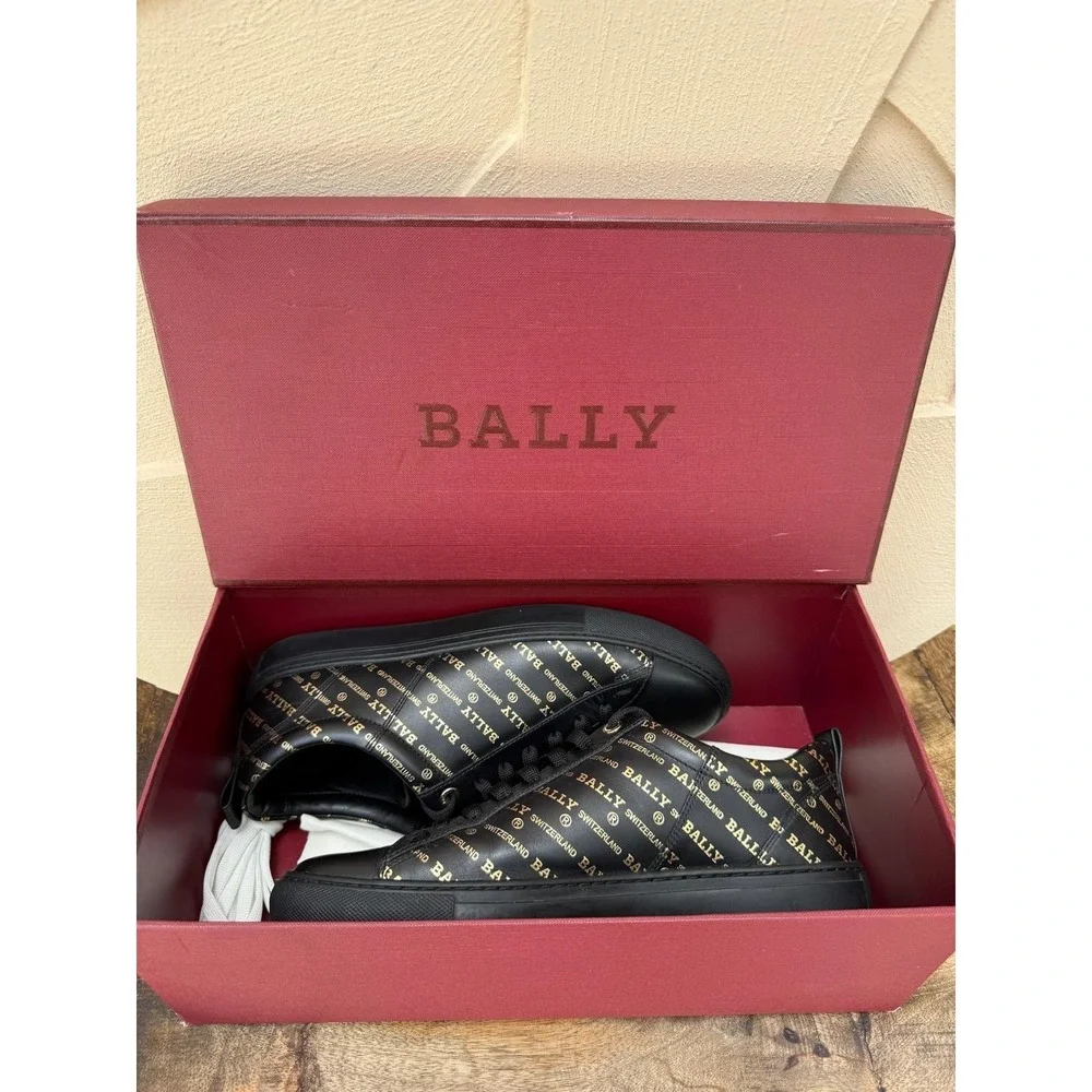 Bally Helmer Metallic Gold Logo All Over Print Leather Low Top Sneaker‎ Shoes 8D